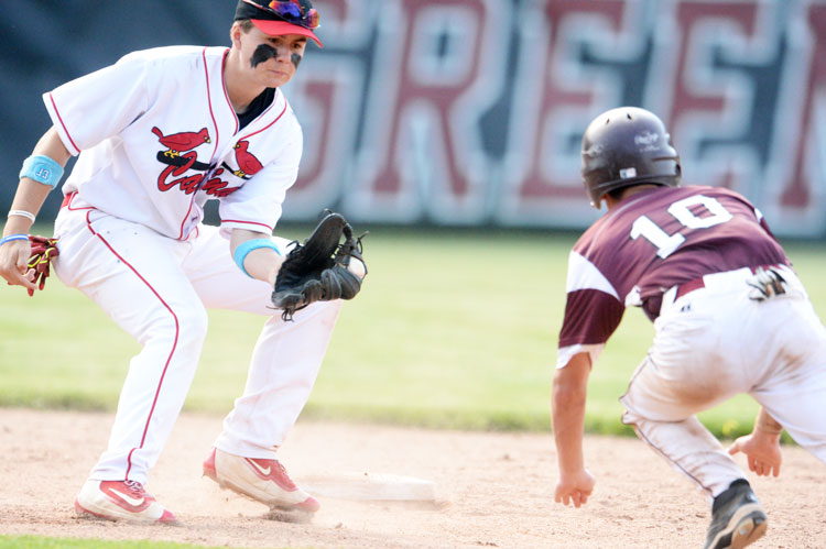 Greenwich High School's Colin Kelly looks to apply the tag on a Bristol Central runner at second base during Tuesday's CIAC class LL opener. (John Ferris Robben photo)