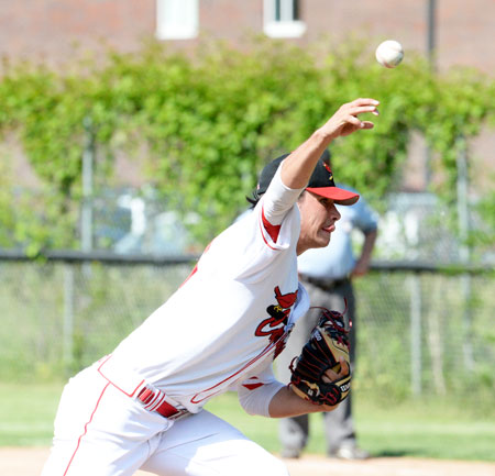 GHS starting pitcher Connor Langan fires the ball to the plate during Tuesday's CIAC class LL opener against Bristol Central. (John Ferris Robben photo)