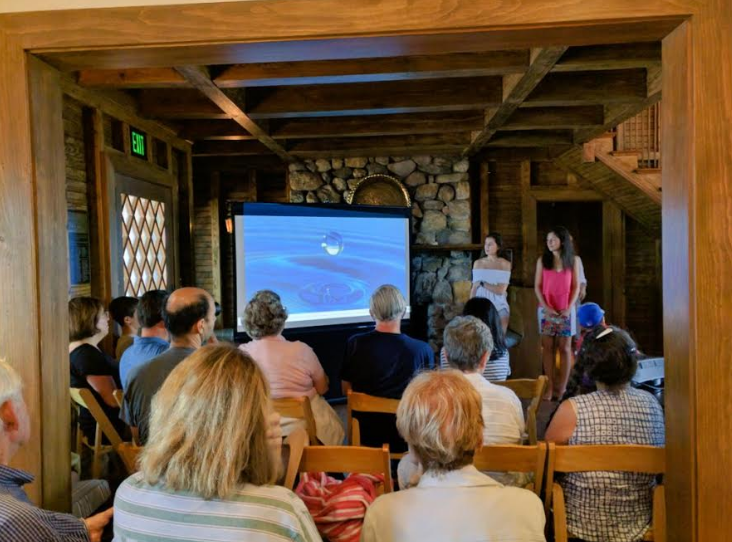 Kathryn Papas and Sofia Dodaro, showing their documentary, “Nanoporous Graphene: A Filter for the Future, at the Bruce Museum's Seaside Center.