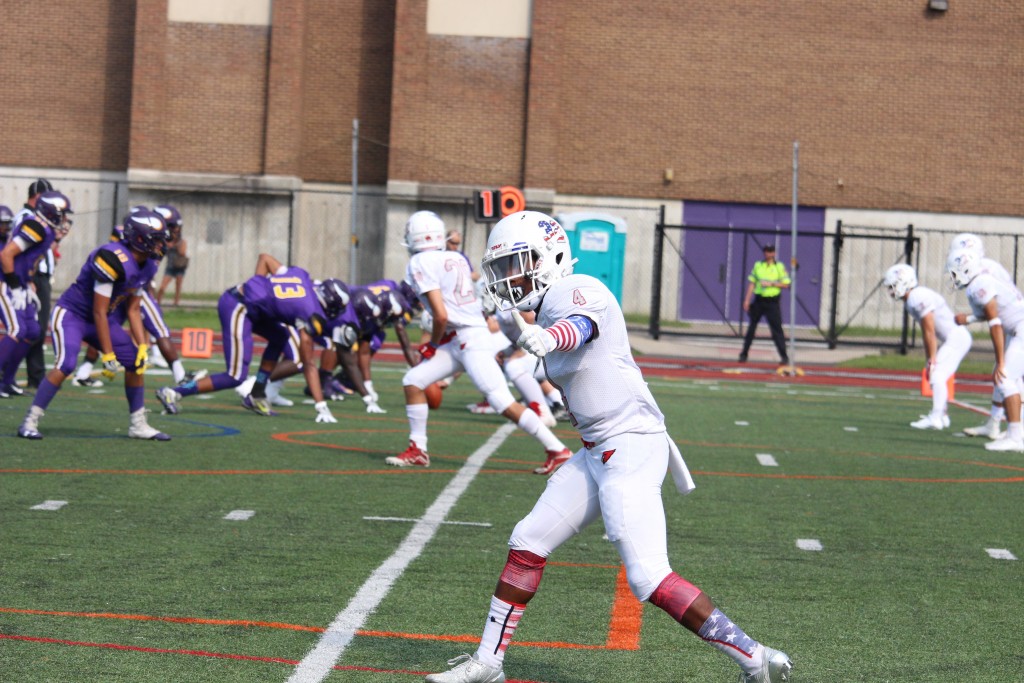 Greenwich senior captain and wide receiver Tyler Farris lines up before a play (Evan Triantafilidis Photo)
