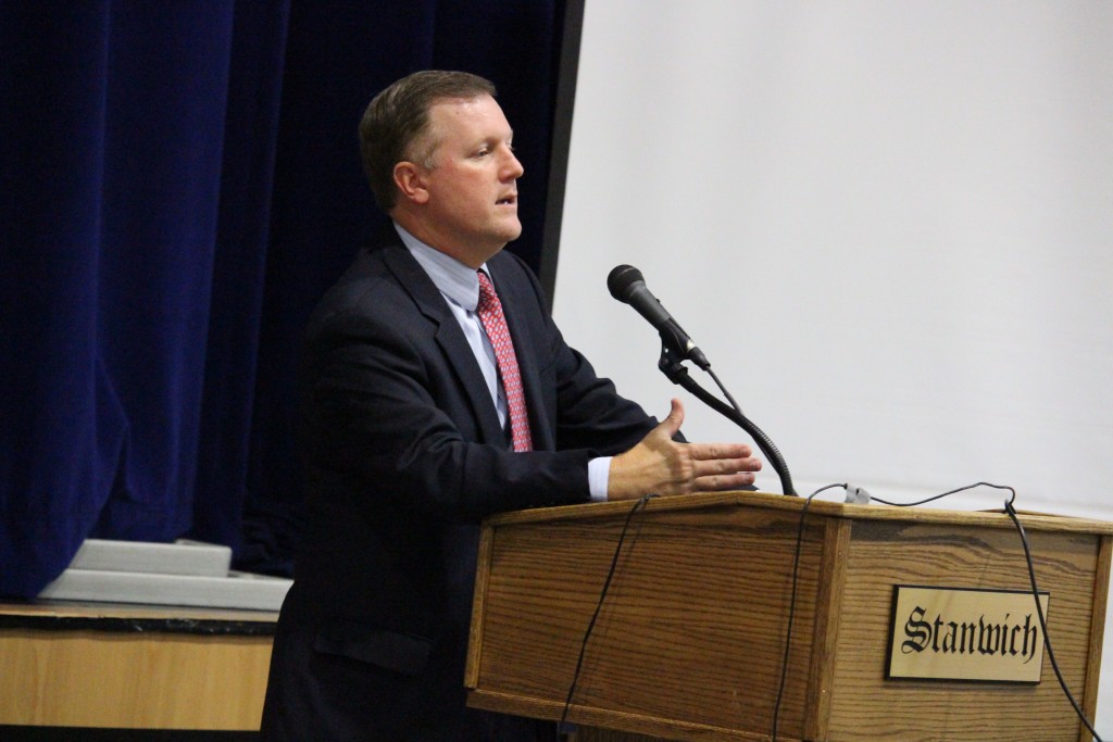 Greenwich RTC Chair Stephen Walko speaks to a group of Stanwich School students on Tuesday (Evan Triantafilidis Photo)