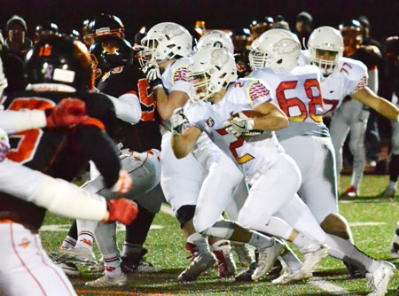 Greenwich High's Kevin Iobbi looks to break off some positive yards during Friday's game at Tiger Hollow. (Paul Silverfarb photo)