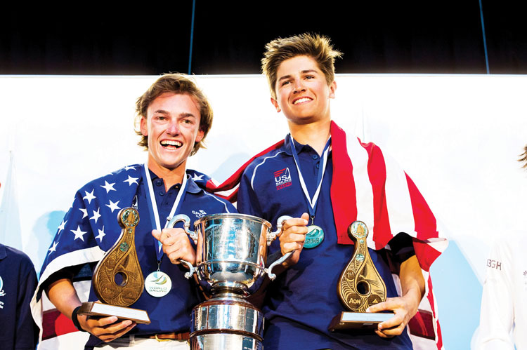 Brunswick School's Jack Parkin, at right, poses for a photo with Wiley Rogers at the trophy ceremony (photo courtesy of World Sailing)