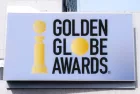 The Golden Globe awards logo seen on billboard. Golden globe awards honored the best in film and American television^ as chosen by the Hollywood Foreign Press Association