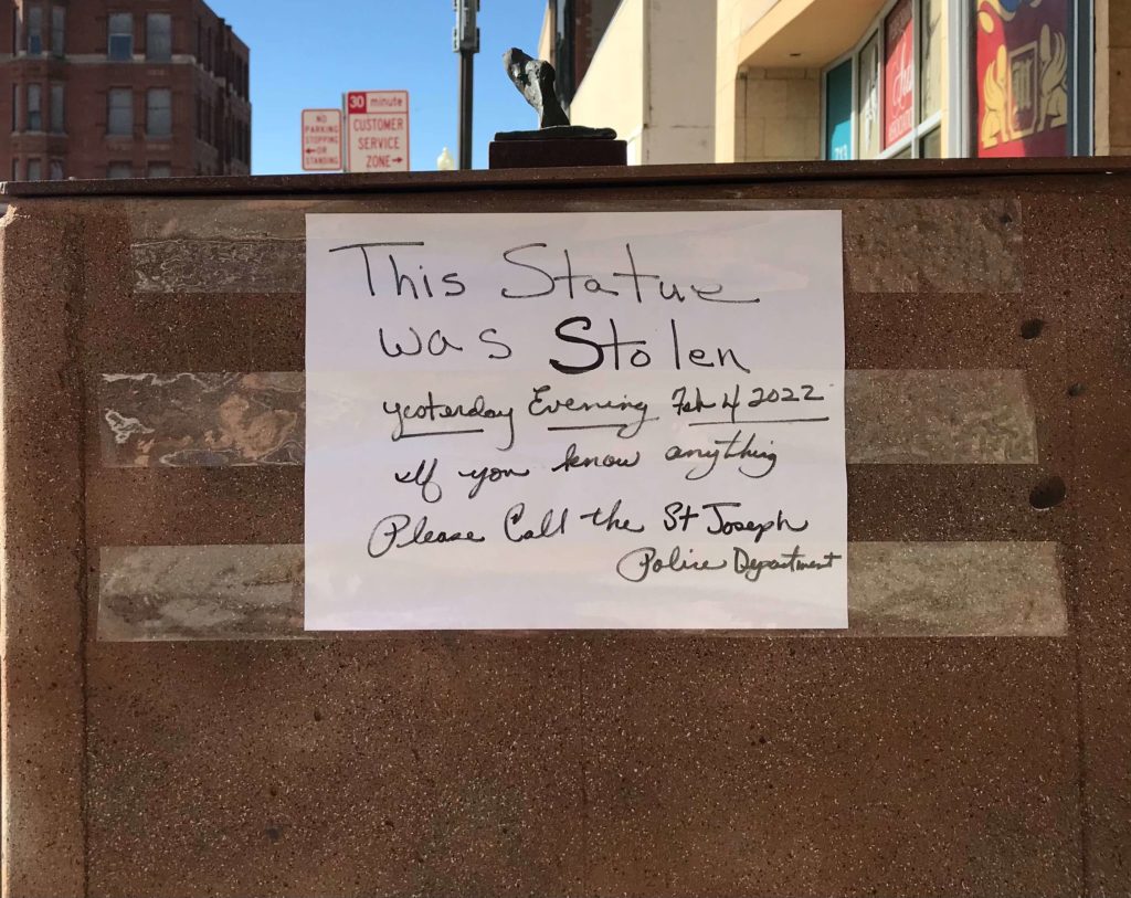 Bronze statue in front of Missouri Theater stolen, Allied Arts Council asks for help - Vimarsana News