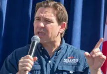 Florida Republican Governor and presidential candidate Ron DeSantis greets supporters at the Iowa State Fair fair side chats in Des Moines^ Iowa. Des Moines^ Iowa^ USA - August 12^ 2023
