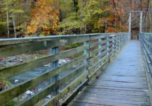 Horizontal perspective shot of suspension walking bridge over stream at Devil's Den State Park in Arkansas.