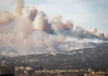 Wildfire in Pacific Palisades^ Los Angeles^ January 8^ 2025^ towards Getty Center and Brentwood. Images showcase dense smoke clouds^ burning hillsides^ and urban areas at risk. 2pm - 3pm.