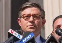 US House Speaker Mike Johnson speaks during a press briefing at Columbia University in New York on April 24^ 2024.