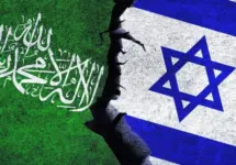 Israel vs Hamas concept flags on a wall with a crack. Hamas and Israel political conflict^ economy^ war crisis^ relationship^ trade concept