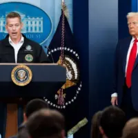 Sean Duffy^ Transportation Secretary^ speaks at a White House press briefing. Pres. Donald Trump also pictured