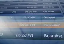 International Airport Terminal: Arrival and Departure Information Display with Flight Data Showing Destination^ Gate^ Time and Status of Flights. Schedule Board of Airplanes For Travelers. Close Up.
