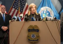 Police Commissioner Jessica Tisch speaks during Homeland Security Investigation announcement at New York office of arrest of alleged Tren De Aragua gang members. New York^ NY - April 22^ 2025