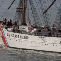 The United States Coastguard tall ship USCGC EAGLE sails from Portsmouth after a courtesy visit to the city PORTSMOUTH^ UK – APRIL 30TH 2019