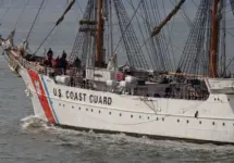 The United States Coastguard tall ship USCGC EAGLE sails from Portsmouth after a courtesy visit to the city PORTSMOUTH^ UK – APRIL 30TH 2019