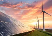 Solar panels and wind turbines stand tall under a dramatic sunset sky^ symbolizing clean renewable energy and a sustainable future landscape against a vibrant golden hour light.
