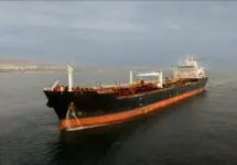 Aerial view of big oil tanker. Large oil tanker ship enters the port