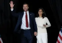 JD Vance arrives with his wife Usha Vance at the Vice Presidential Nominee’s election rally at the Cobb Galleria Center in Atlanta^ Georgia. Atlanta^ Georgia^ USA - 4th Nov^ 2024