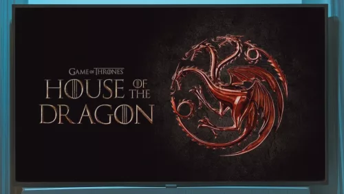 'House of Dragons' HBO MAX TV series on big tv screen. Game of Thones house of dragons television show at home