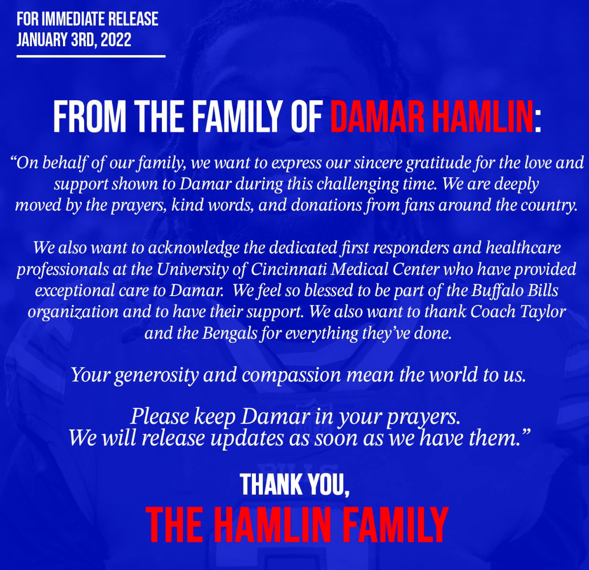 Damar Hamlin's Family Releases Statement Thanking Supporters Amid