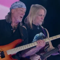 Deep Purple bass guitar player Roger Glover and guitar player Steve Morse on stage during their The Long Goodbye tour at Arena Zagreb^ CROATIA - MAY 16^ 2017