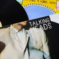 Closeup of Talking Heads new wave vinyl record cover collection