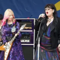 Heart's Ann and Nancy Wilson perform onstage at the 2024 New Orleans Jazz Heritage Festival at Fair Grounds Race Course on April 28^ 2024 in New Orleans Louisiana.