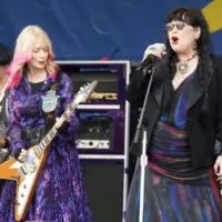 Heart's Ann and Nancy Wilson perform onstage at the 2024 New Orleans Jazz Heritage Festival at Fair Grounds Race Course on April 28^ 2024 in New Orleans Louisiana.