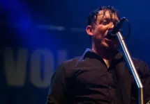 Singer and guitar player Michael Poulsen of Danish Heavy Metal rock band Volbeat performs on stage during the Gigantour tour on February 21^ 2012 in Kent^ Washington.