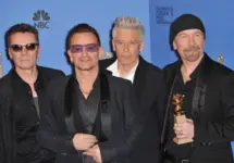 U2 with Bono & The Edge in the press room at the 71st Annual Golden Globe Awards LOS ANGELES^ CA - JANUARY 12^ 2014