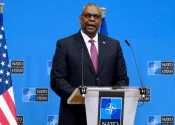US Defense Secretary Lloyd Austin at conference of NATO Defence ministers at the NATO headquarters in Brussels on February 15^ 2023.