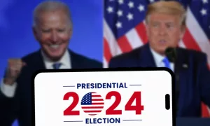 Donald Trump vs Joe Biden. The 2024 American presidential election concept^ with Donald Trump and Joe Biden in the background.
