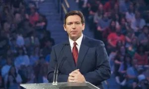 Florida Governor Ron DeSantis speaking at Lynchburg^ Virginia^ on April 14^ 2023.