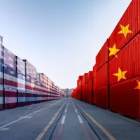 Metaphor image of United States of America and China trade war tariffs as two opposing container cargo and airplane over the port as an economic taxation dispute over import and exports concept