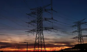 Overhead power lines at sunset in Spain