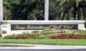 An Entrance to Trump International Golf Club in West Palm Beach^ Florida on April 25^ 2018. Trump International Golf Club is owned by President Donald J. Trump. WEST PALM BEACH^ FL^ USA - APRIL 25