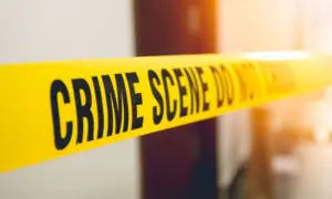 crime scene tape in front room door with flare and vintage tone