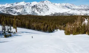 Unknown skiers have the hill to themselves at June Mountain Ski Resort^ a small resort tucked away in the Eastern Sierra Nevada mountains in California.