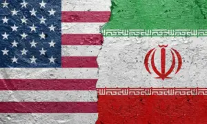 United States of America vs Iran - Cracked concrete wall painted with a USA flag on the left and a Iranian flag on the right