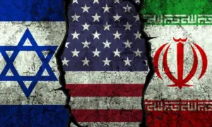 Israel^ United States and Iran flags on the textured wall^ political conflict concept background with clash. War^ trade^ diplomatic. USA negotiation
