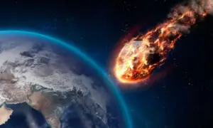 A Meteor glowing as it enters the Earth's atmosphere. Elements of this image furnished by NASA