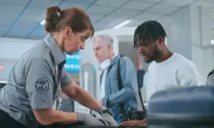 Security Checkpoint in Airport Terminal: Female TSA Worker Inspecting Baggage of Passenger before Boarding Flight^ Finding and Confiscates Liquid. Queue of Diverse People During Screening Procedures.