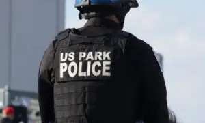 United States Park Police with blue helmet on horseback at the Lincoln Memorial. Washington D.C.^ USA - February 11^ 2026
