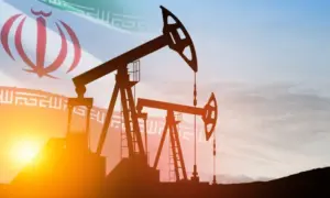 Oil drilling derricks at desert oilfield with Iran flag. The change in oil prices caused by the war. Oil prices are rising because of the global crisis. Crude oil production from the ground.