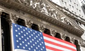 Grand American flag displayed on the facade of the New York Stock Exchange in downtown Manhattan. New York^ NY^ USA - 11.05.2024
