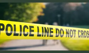 Police line outdoors. Warning yellow tape^ text police line do not cross^ blur park nature background. 3d illustration