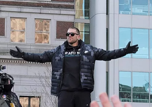 Eagles tight end Zach Ertz is cheered by fans during the Super Bowl parade Feb. 8^ 2018^ in front of thousands of fans in downtown Philadelphia.