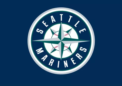 Seattle Mariners logo^ MLB Team^ Major League Baseball^ American League West Division^ with blue background