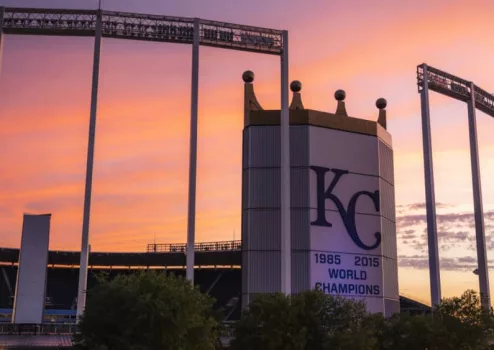 logo/crown of MLB team Kansas City Royals at Kauffman Stadium^ home of the Royals. July 14^ 2023.