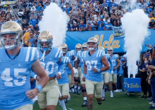 UCLA players run out of the tunnel before an NCAA college football game between the UCLA and the Colorado^ Oct. 28^ 2023^ in Pasadena^ Calif.